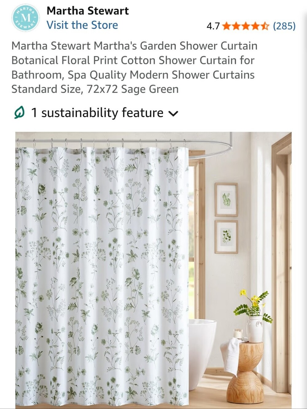 Martha Stewart White Shower Curtain with Sage Green Botanical Print